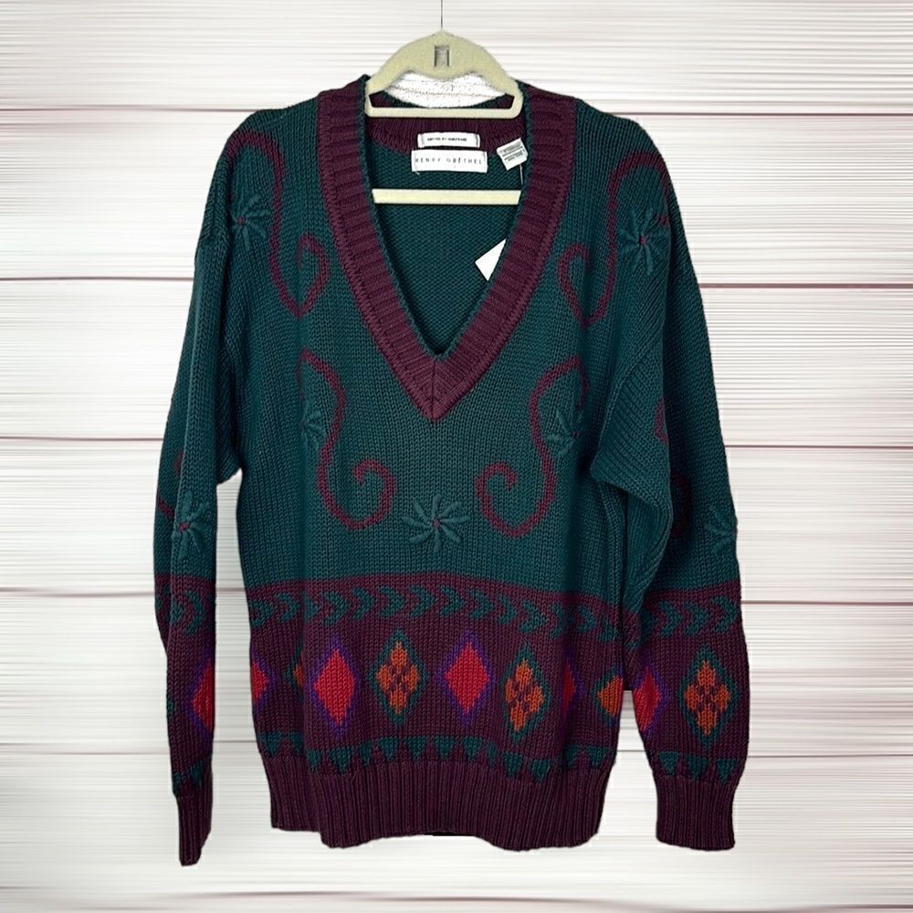 NWT Men’s Henry Grethel Vintage Cotton Deep V-neck Green Burgundy Sweater L